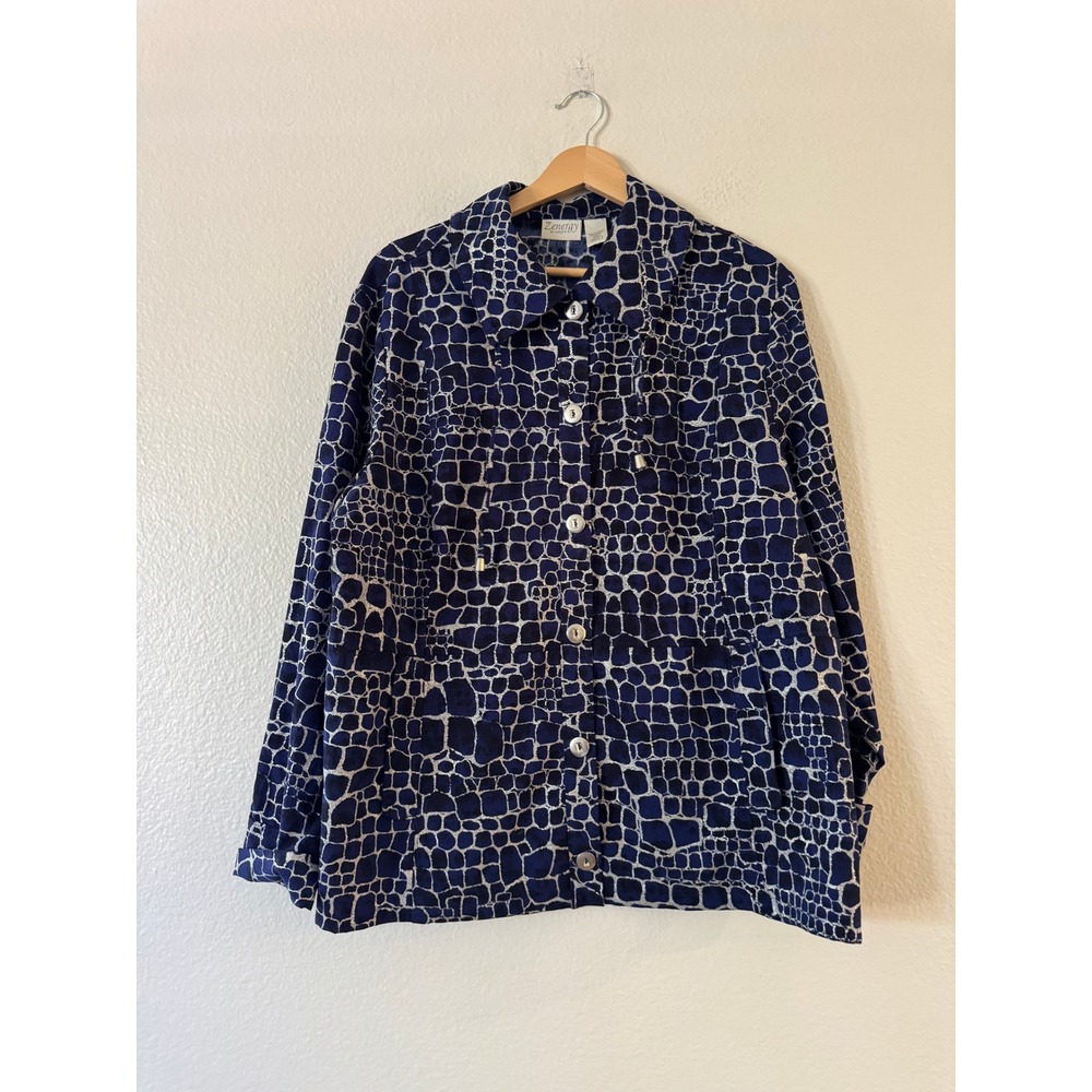 Chicos Zenergy Jacket Metallic Animal Print Button Front Size 3 Blue XL Exc